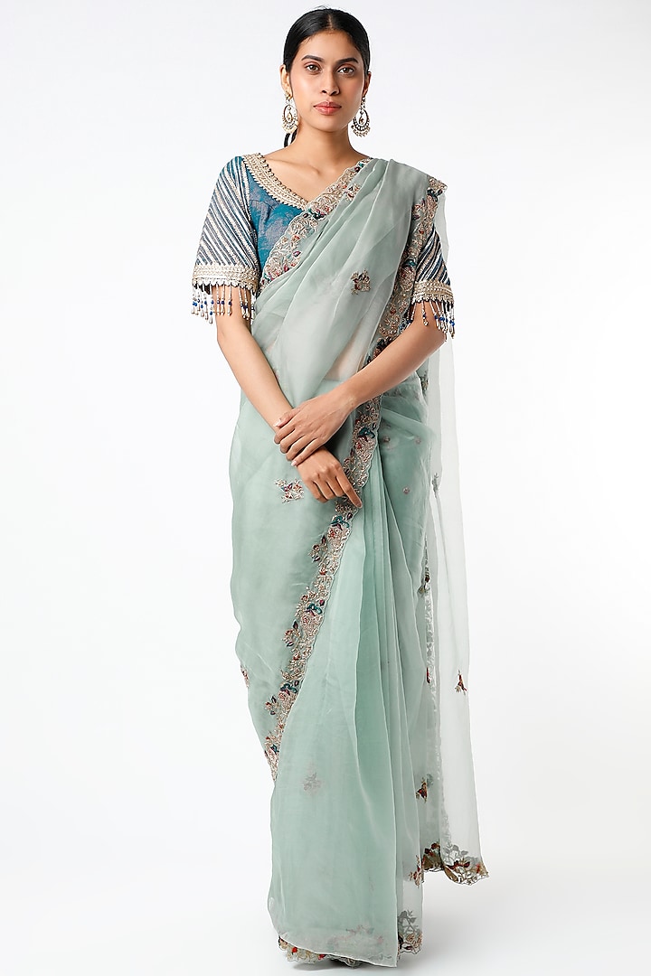 Powder Blue Embroidered Saree Set by TATWAMM Couture