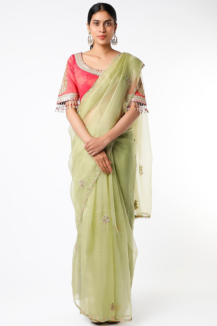 Pastel Green Hand Embroidered Saree Set by TATWAMM Couture