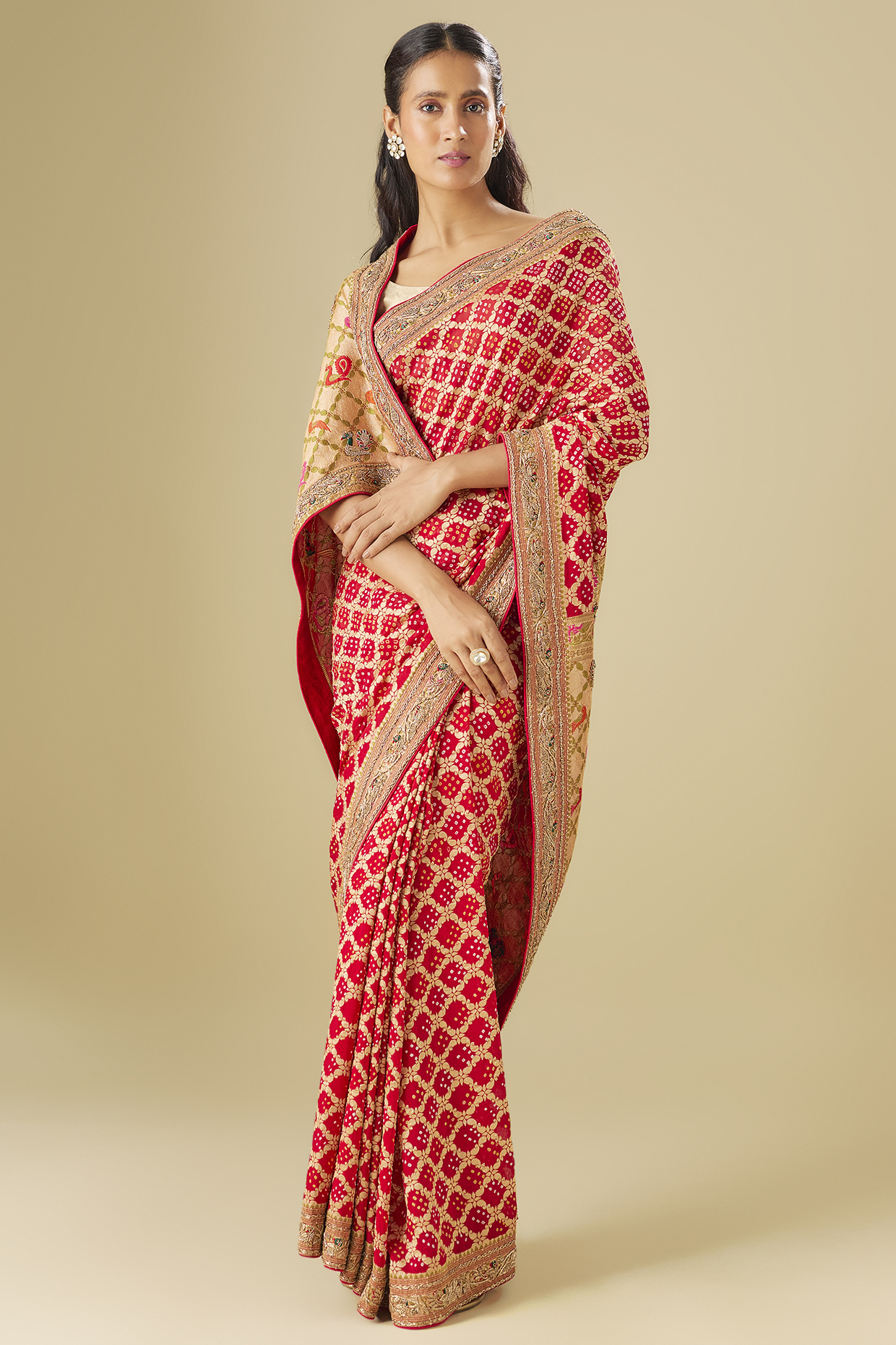 Red Georgette Zardosi Work Bandhej Wedding Saree by TATWAMM Couture at Pernia's Pop Up Shop