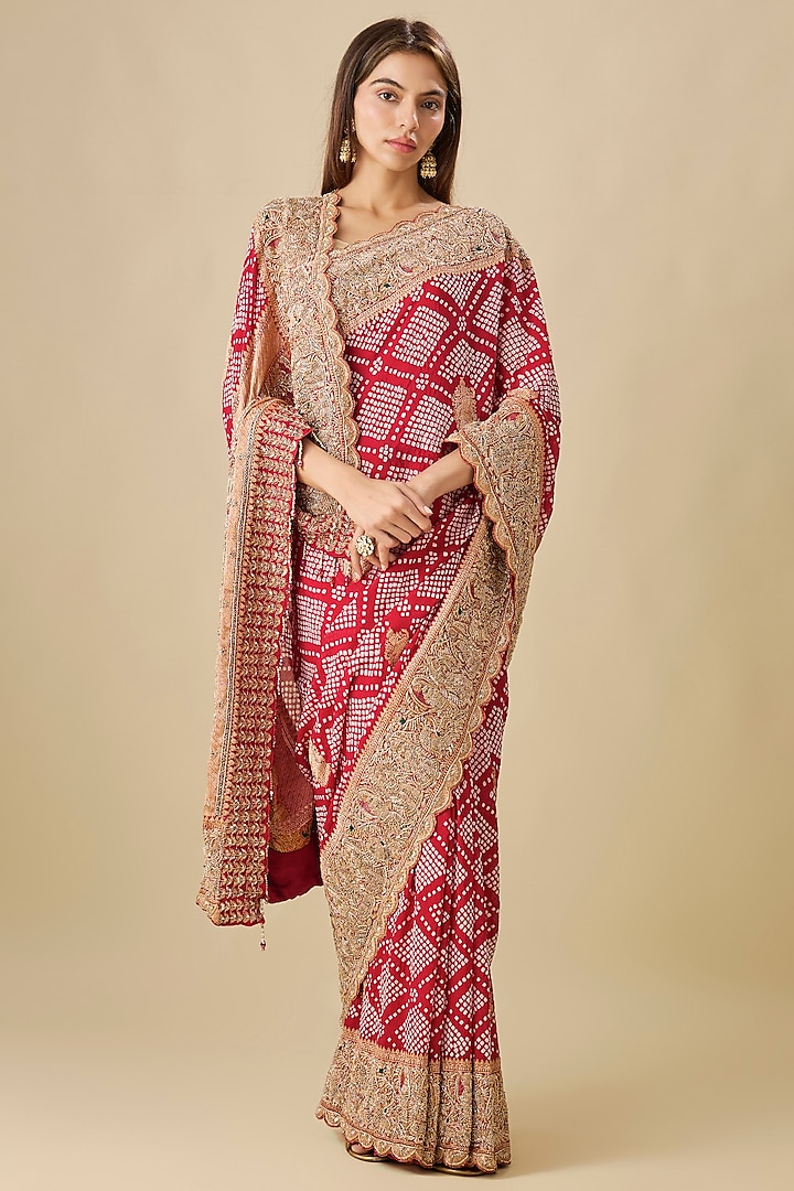 Maroon Georgette Zardosi Work Bandhej Reception Saree Set by TATWAMM Couture at Pernia's Pop Up Shop