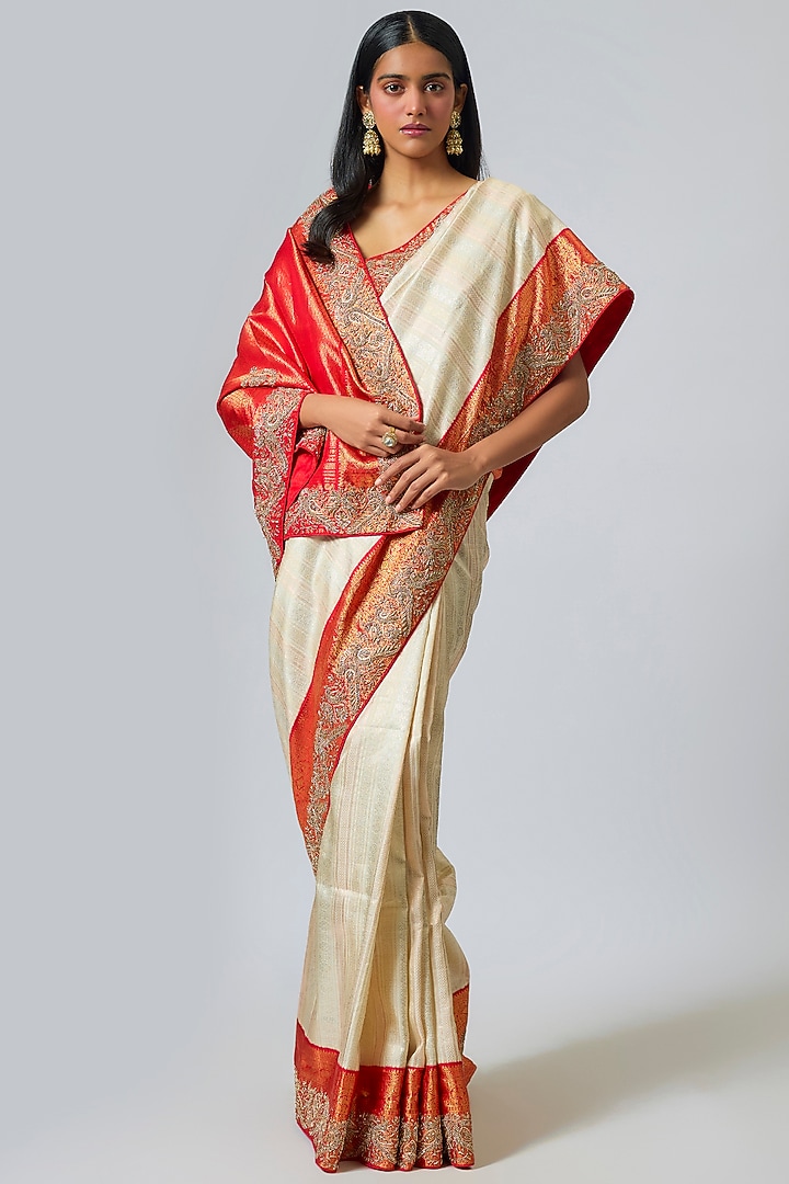 Red & White Silk Zardosi Work Kanjivaram Reception Saree Set by TATWAMM Couture at Pernia's Pop Up Shop