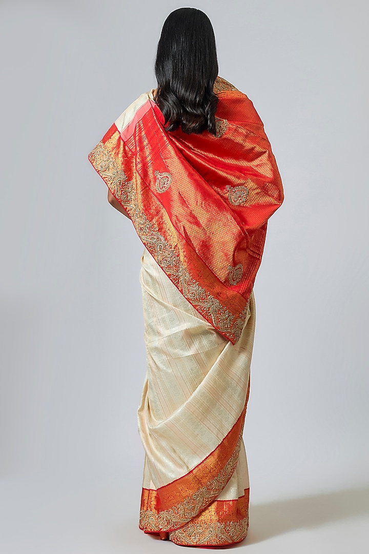 Red & White Silk Zardosi Work Kanjivaram Reception Saree Set by TATWAMM By Abhishek & Vinita at Pernia's Pop Up Shop