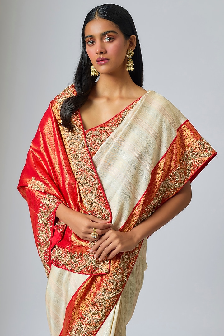 Red & White Silk Zardosi Work Kanjivaram Reception Saree Set by TATWAMM By Abhishek & Vinita at Pernia's Pop Up Shop
