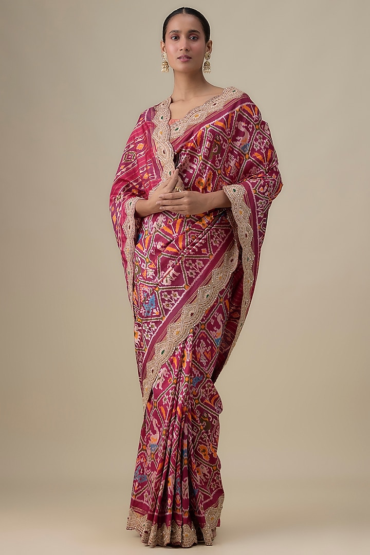 Pink Silk Zardosi Work Ikat Wedding Saree by TATWAMM Couture at Pernia's Pop Up Shop