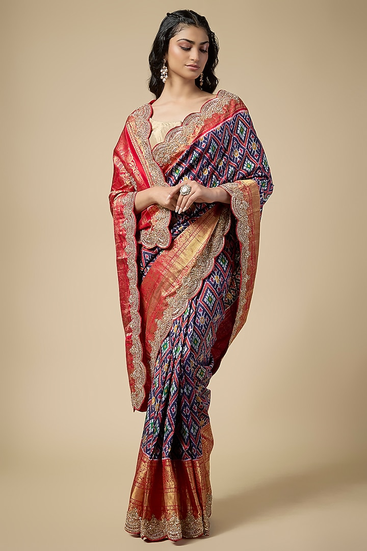 Pink & Blue Pochampally Ikat Zardosi Work Reception Saree Set by TATWAMM Couture at Pernia's Pop Up Shop