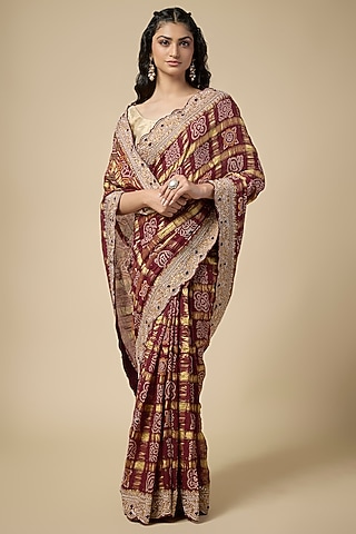 Maroon Cotton Gharchola Zardosi Work Saree Set by TATWAMM By Abhishek & Vinita