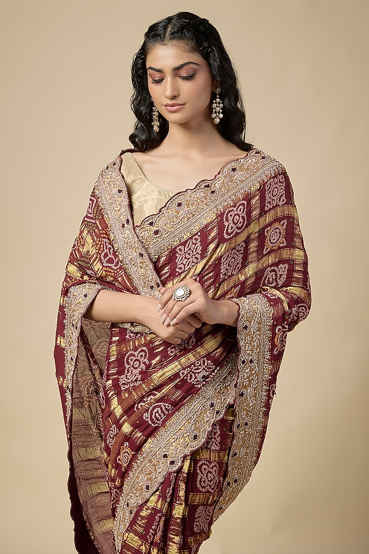Maroon Cotton Gharchola Zardosi Work Wedding Saree Set by TATWAMM By Abhishek & Vinita at Pernia's Pop Up Shop