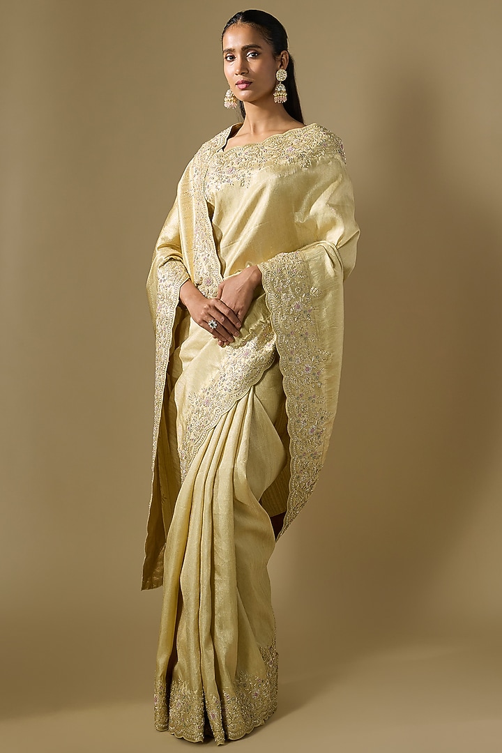 Beige Kanjivaram Tissue Reception Saree Set by TATWAMM By Abhishek & Vinita at Pernia's Pop Up Shop