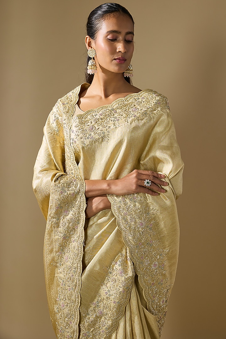 Beige Kanjivaram Tissue Reception Saree Set by TATWAMM By Abhishek & Vinita at Pernia's Pop Up Shop