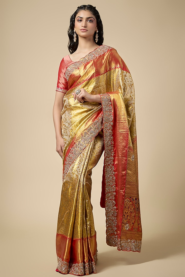 Gold Kanjivaram Zardosi Work Wedding Saree Set by TATWAMM Couture at Pernia's Pop Up Shop