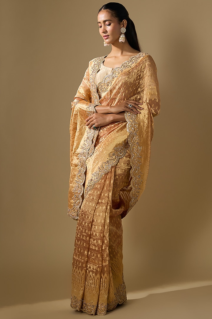 Peach Tissue Wedding Saree Set by TATWAMM By Abhishek & Vinita at Pernia's Pop Up Shop