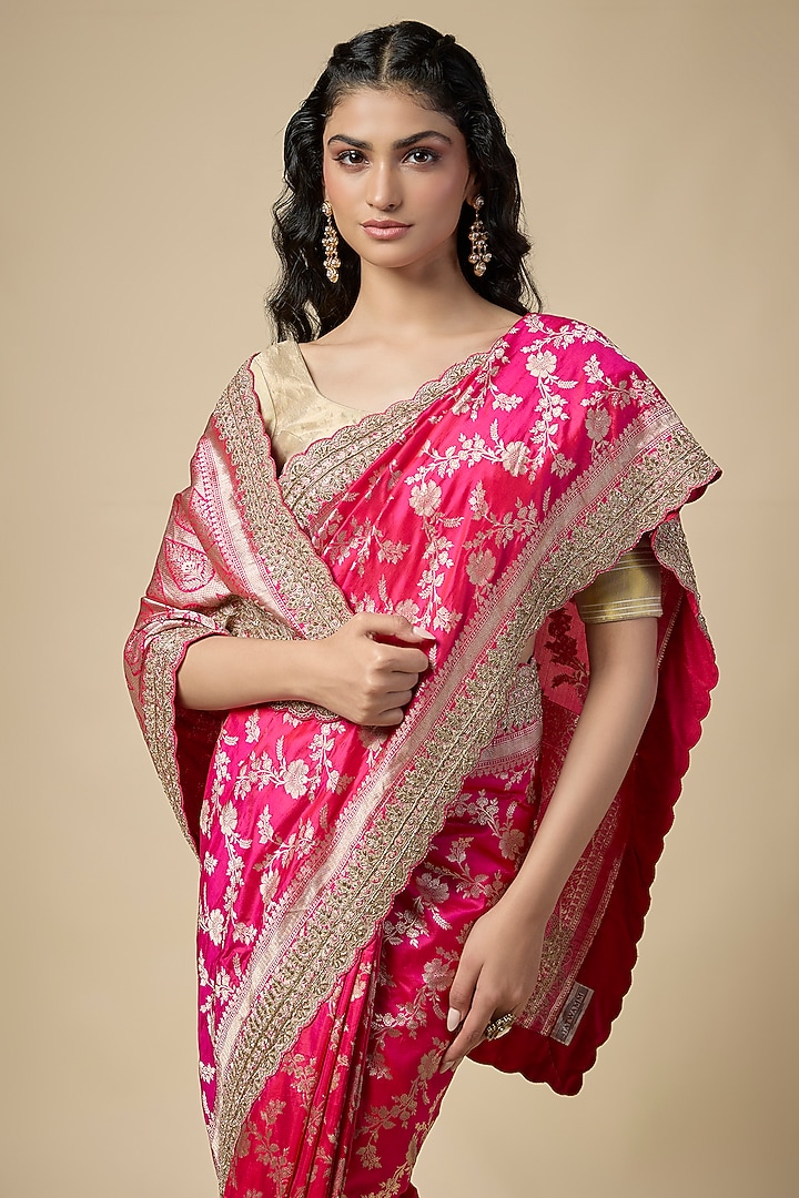 Pink Banarasi Zardosi Work Reception Saree Set by TATWAMM By Abhishek & Vinita at Pernia's Pop Up Shop
