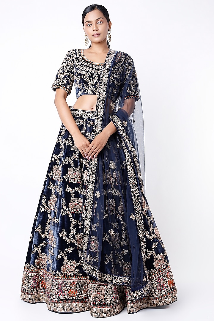 Dark Navy Blue Embroidered Bridal Lehenga Set by TATWAMM Couture