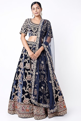 Dark Navy Blue Embroidered Bridal Lehenga Set by TATWAMM By Abhishek & Vinita