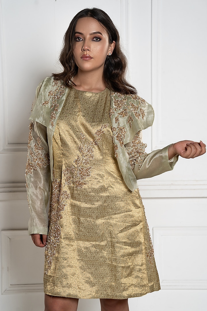 Green Brocade Hand Embroidered Jacket Dress by TATWAMM Couture