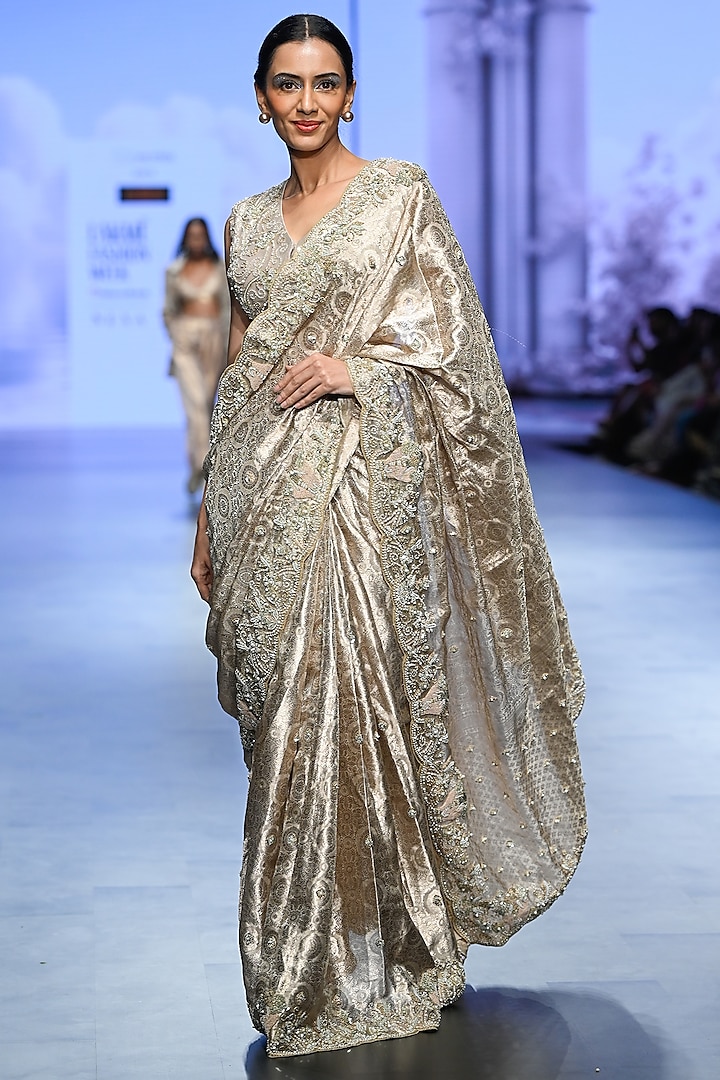 Silver Brocade Hand Embroidered Saree Set by TATWAMM Couture
