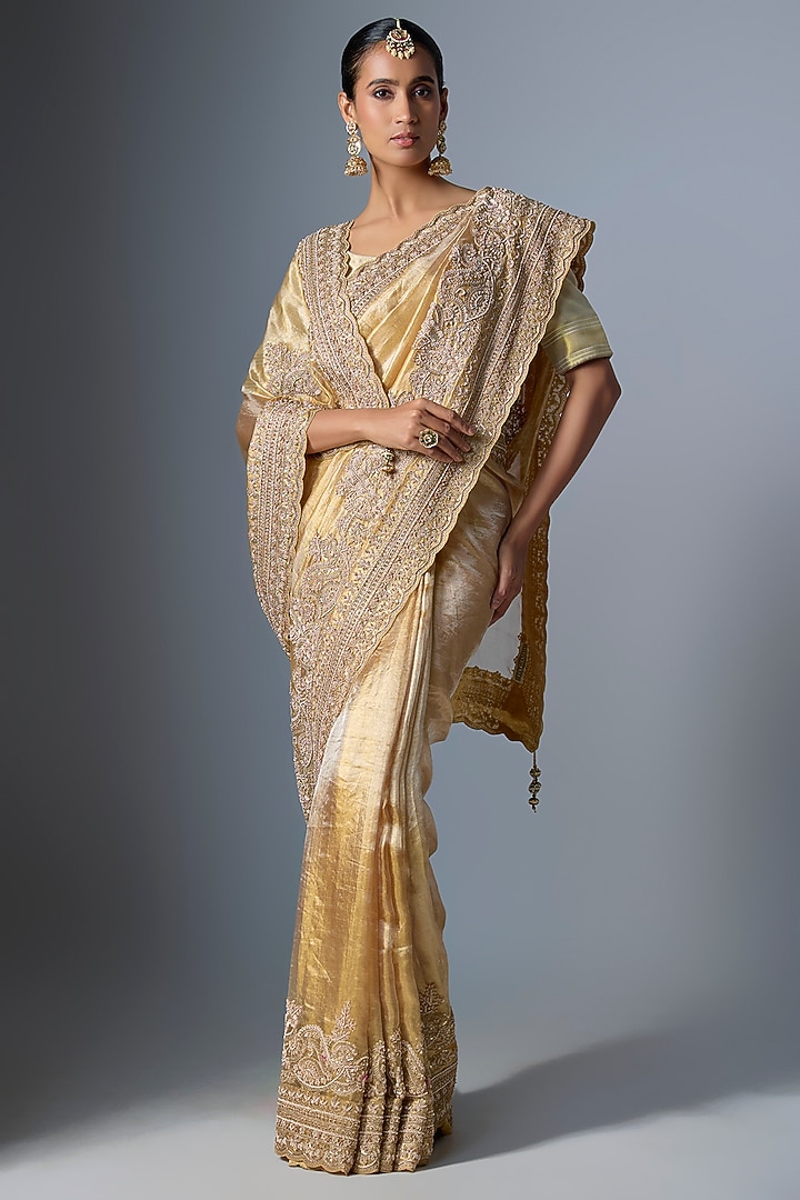 Gold Kanjivaram Tissue Reception Saree by TATWAMM By Abhishek & Vinita at Pernia's Pop Up Shop