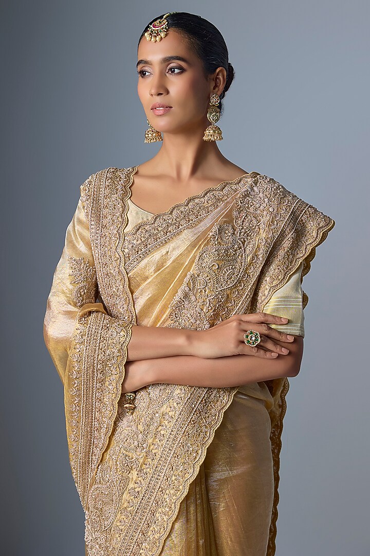 Gold Kanjivaram Tissue Reception Saree by TATWAMM By Abhishek & Vinita at Pernia's Pop Up Shop