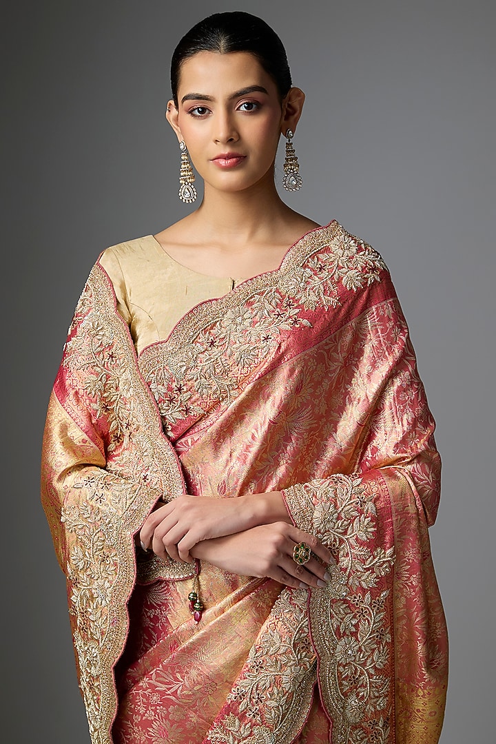 Peach Kanjivaram Reception Saree Set by TATWAMM By Abhishek & Vinita at Pernia's Pop Up Shop