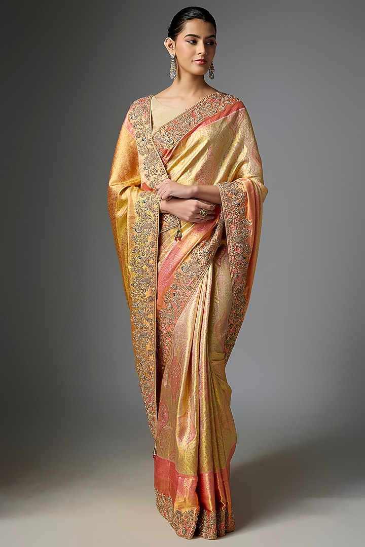 Peach Kanjivaram Reception Saree Set by TATWAMM By Abhishek & Vinita at Pernia's Pop Up Shop