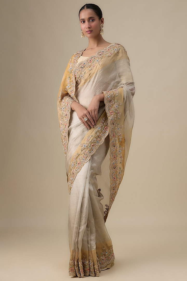 White & Gold Tissue Zardosi Work Reception Saree by TATWAMM Couture at Pernia's Pop Up Shop
