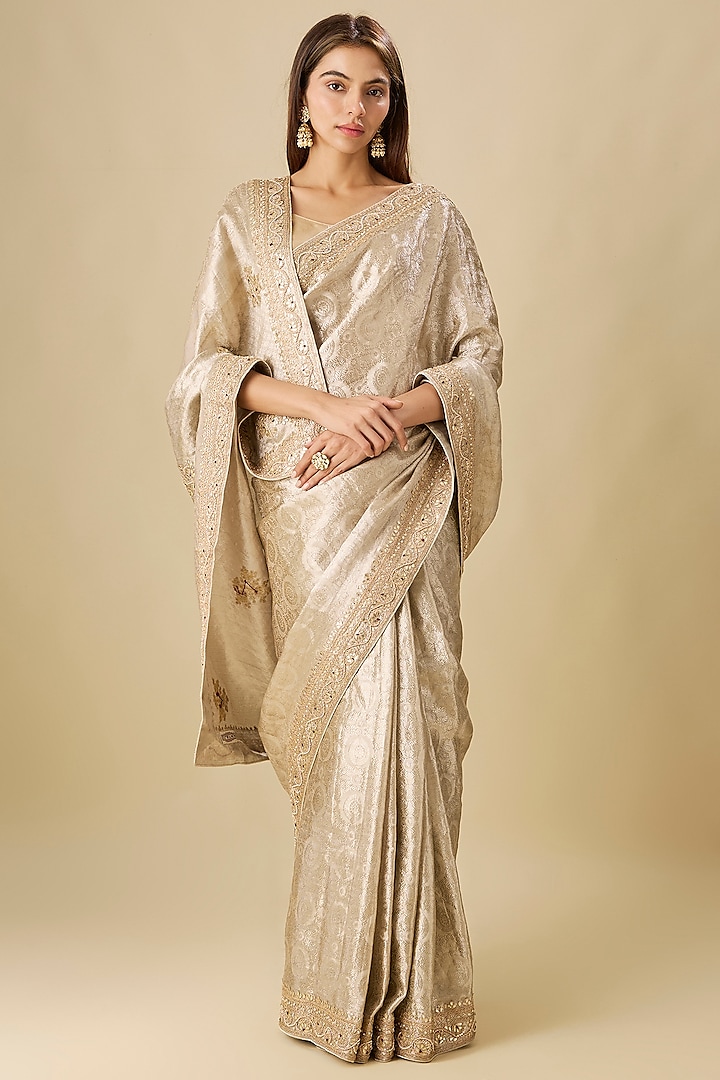 Silver Silk Zardosi Work Brocade Wedding Saree Set by TATWAMM Couture at Pernia's Pop Up Shop