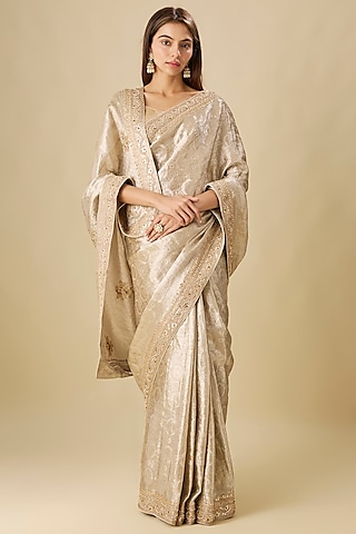 Silver Silk Zardosi Work Brocade Saree Set by TATWAMM By Abhishek & Vinita