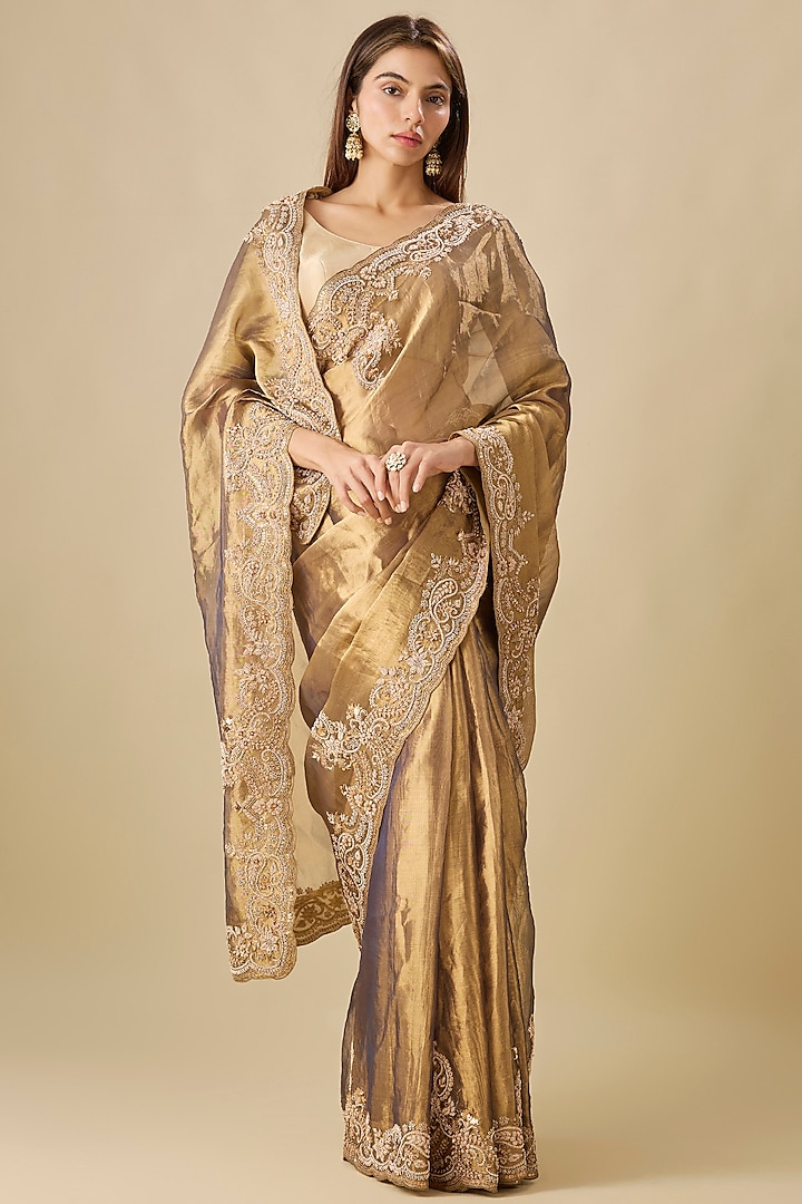 Metallic Gold Tissue Zardosi Work Reception Saree Set by TATWAMM Couture at Pernia's Pop Up Shop