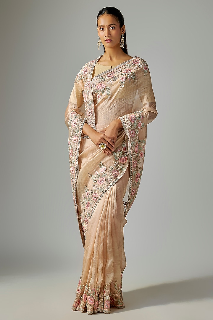 Peach Tissue Reception Saree by TATWAMM By Abhishek & Vinita at Pernia's Pop Up Shop