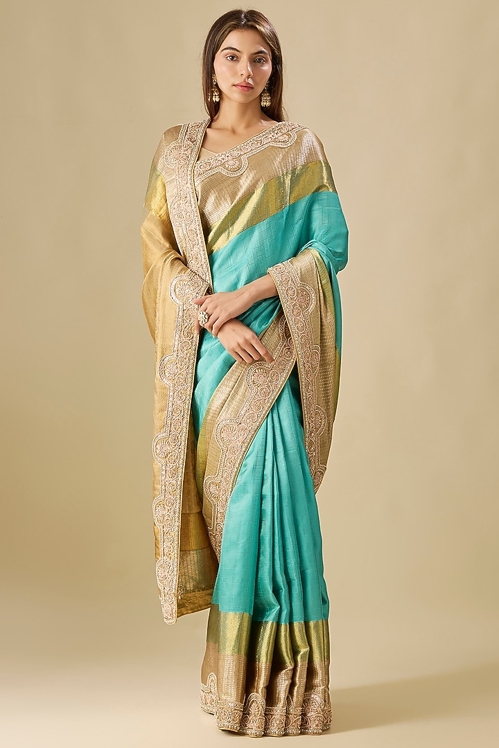 Blue Silk Zardosi Embroidered Kanjivaram Reception Saree Set by TATWAMM Couture at Pernia's Pop Up Shop