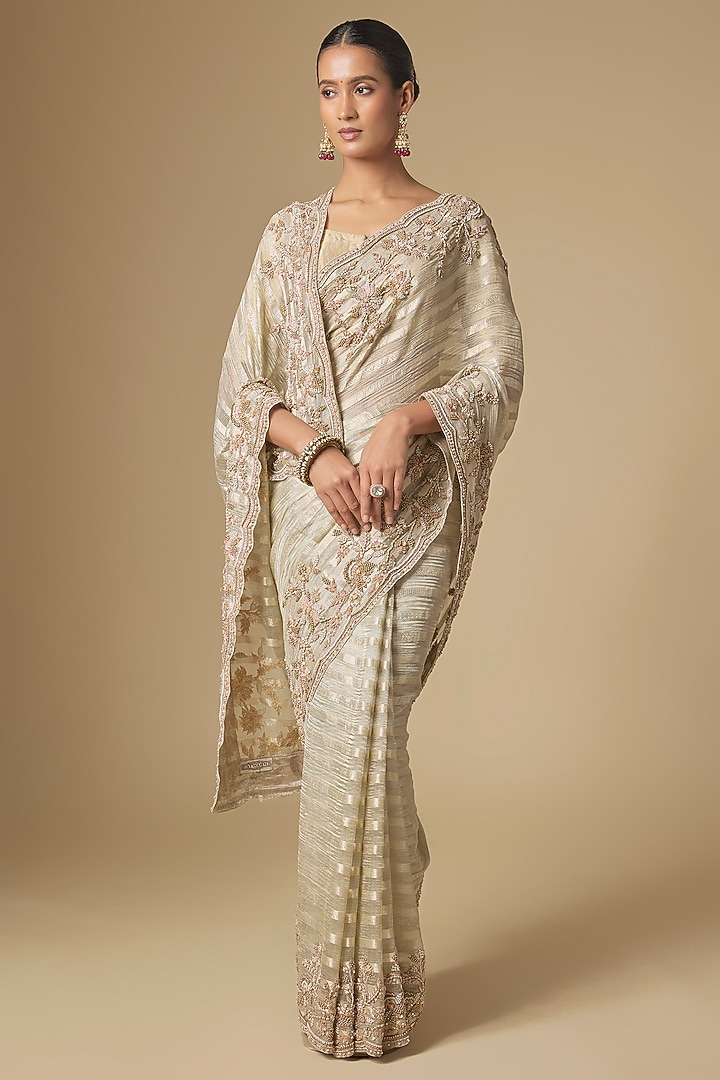 Silver Crush Tissue Handwork Reception Saree Set by TATWAMM By Abhishek & Vinita at Pernia's Pop Up Shop