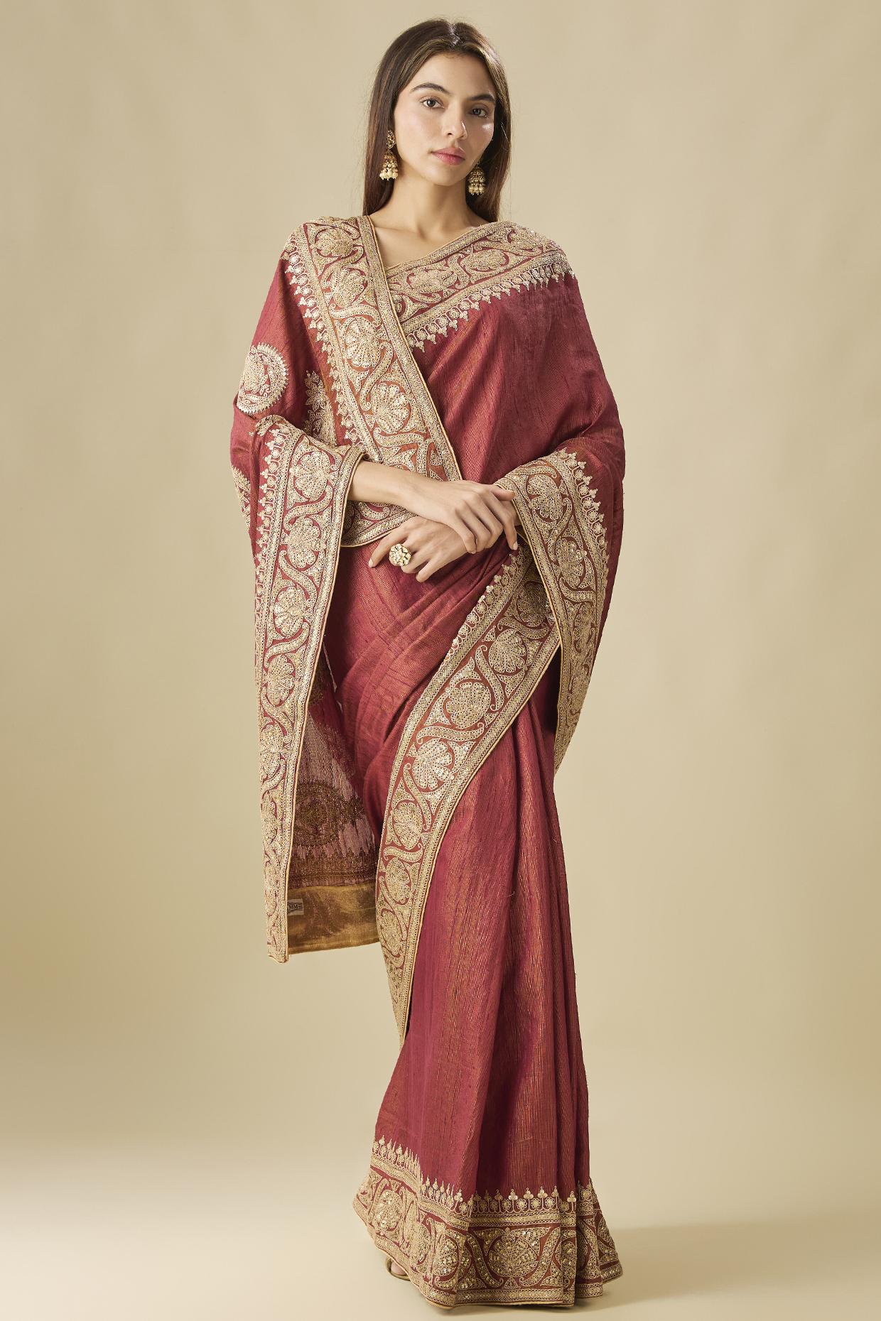 Rust Raw Silk Dori Tikki Work Reception Saree Set by TATWAMM Couture at Pernia's Pop Up Shop