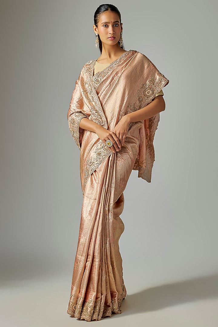Peach Kanjivaram Silk Reception Saree  by TATWAMM By Abhishek & Vinita at Pernia's Pop Up Shop
