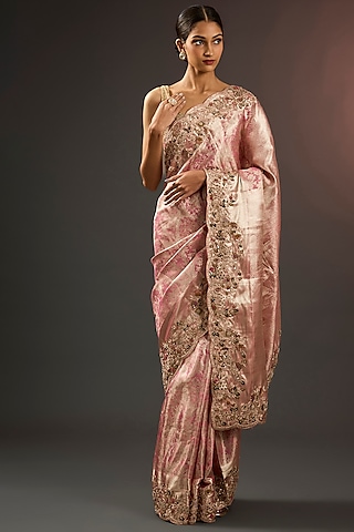 Pink Pure Banarasi Brocade Zardosi Hand Work & Printed Saree Set by TATWAMM By Abhishek & Vinita