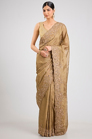 Gold Tissue Silk Saree Set by TATWAMM By Abhishek & Vinita