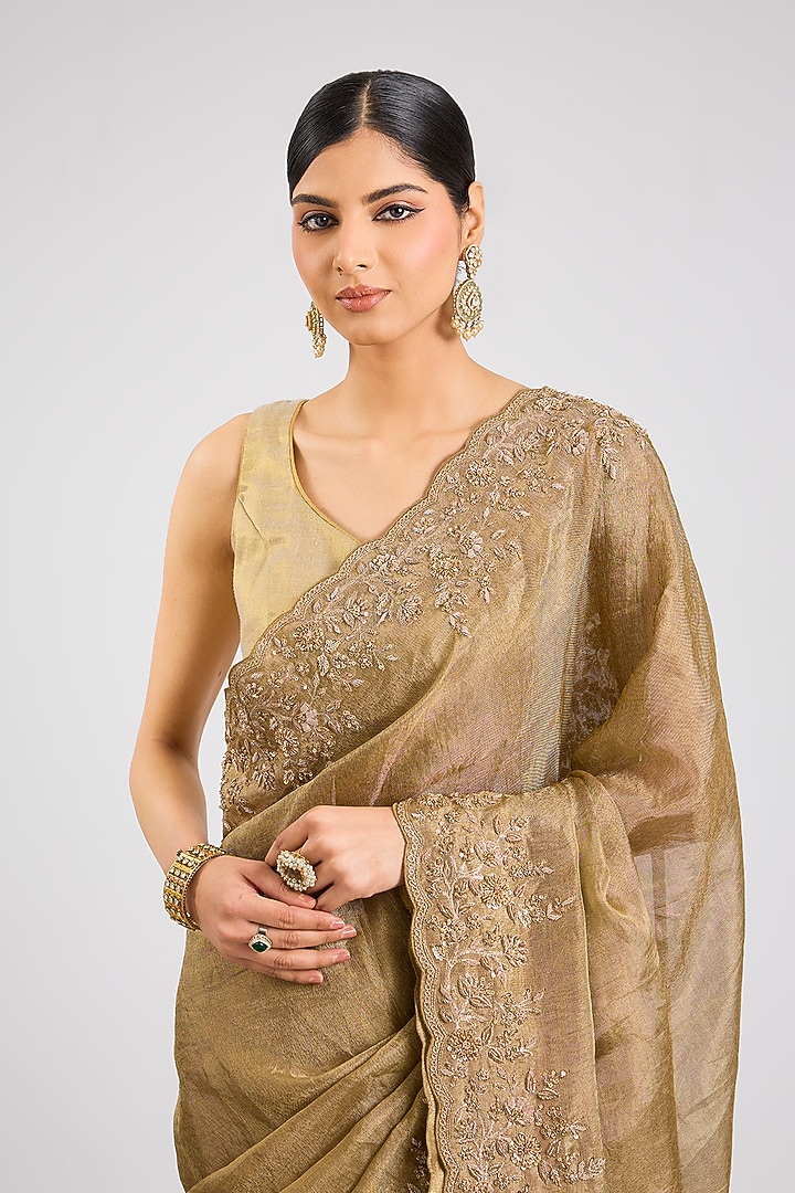 Gold Tissue Silk Reception Saree Set by TATWAMM By Abhishek & Vinita at Pernia's Pop Up Shop