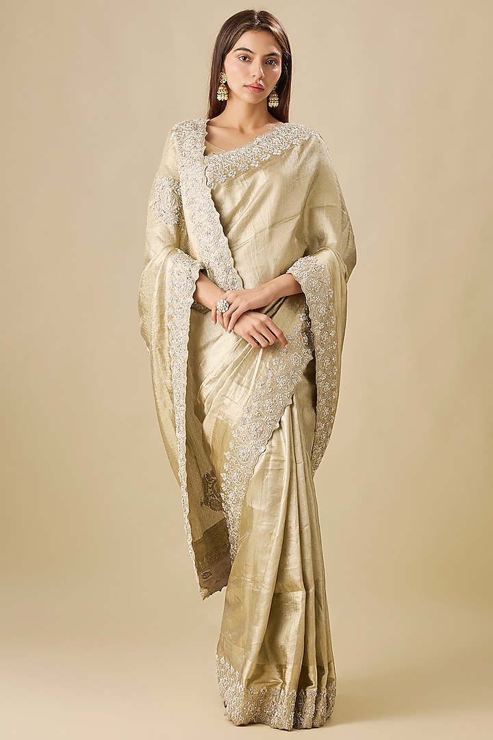 Pastel Green Silk Dori Tikki Work Kanjivaram Reception Saree Set by TATWAMM Couture at Pernia's Pop Up Shop