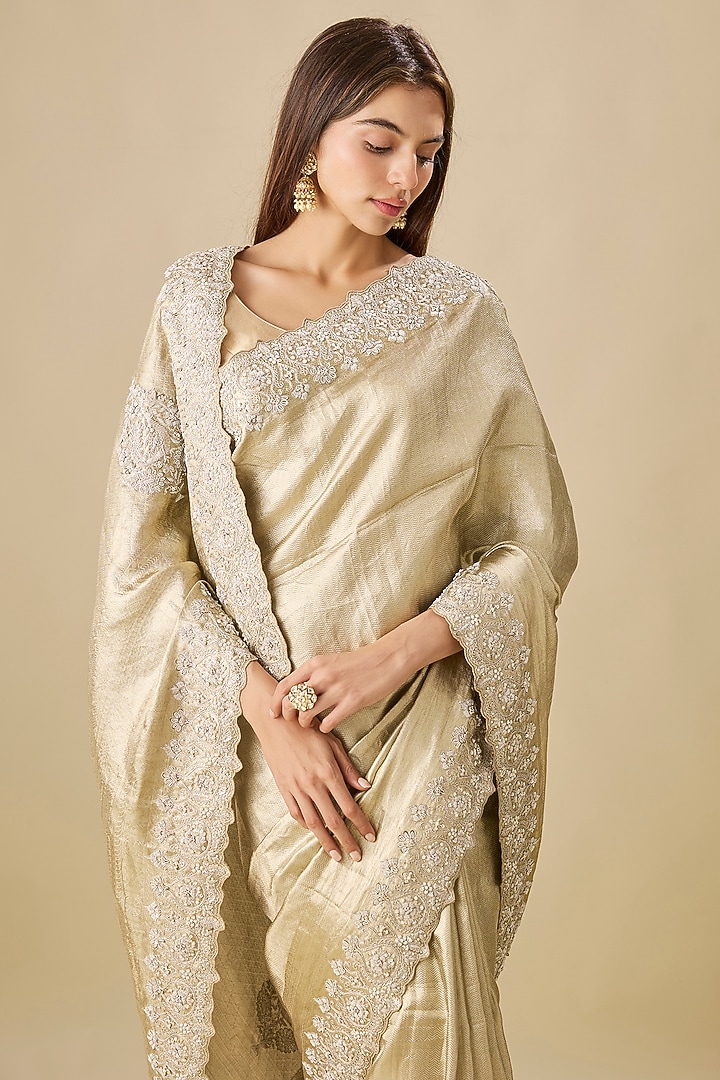 Pastel Green Silk Dori Tikki Work Kanjivaram Reception Saree Set by TATWAMM By Abhishek & Vinita at Pernia's Pop Up Shop