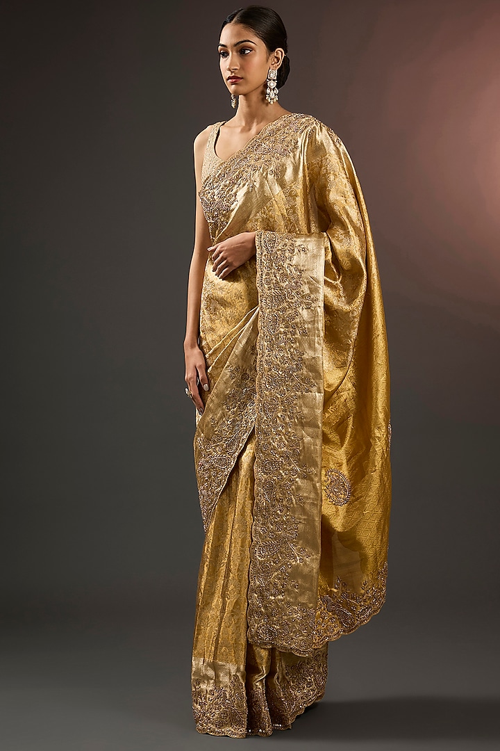 Gold Pure Kanjivaram Zardosi Hand Work & Printed Saree Set by TATWAMM Couture at Pernia's Pop Up Shop