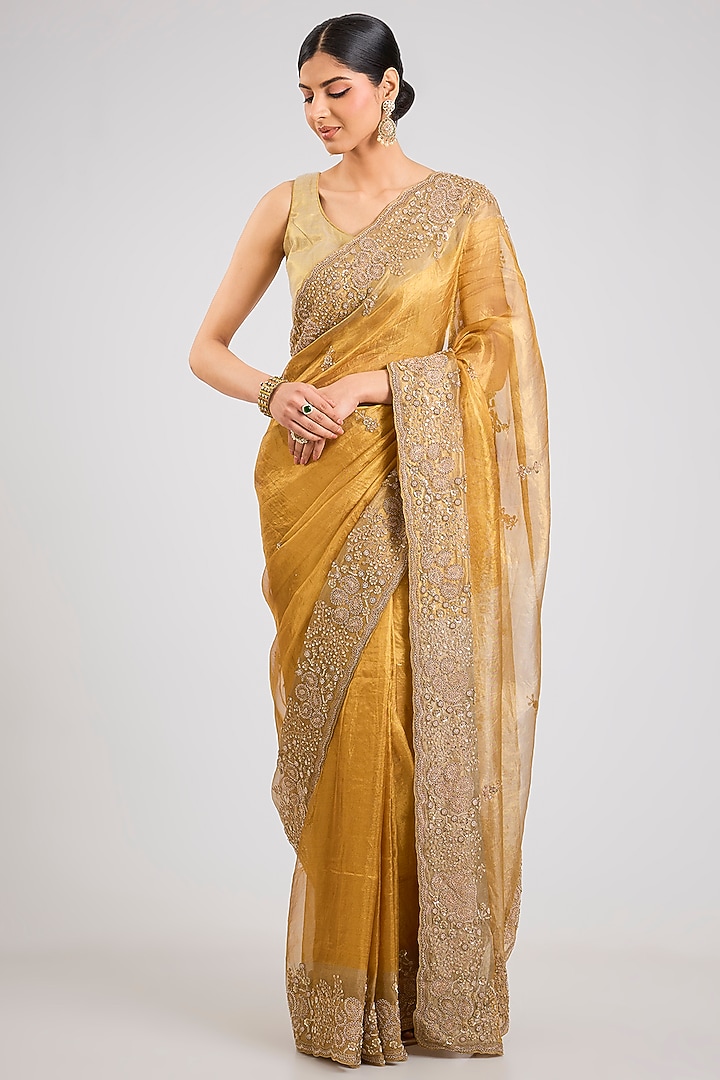 Gold Tissue Silk Reception Saree by TATWAMM By Abhishek & Vinita at Pernia's Pop Up Shop
