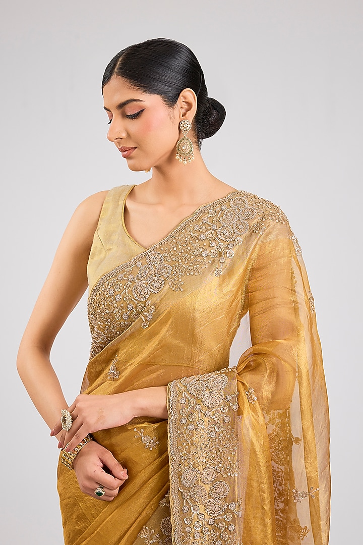 Gold Tissue Silk Reception Saree by TATWAMM By Abhishek & Vinita at Pernia's Pop Up Shop
