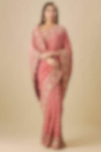 Maroon Georgette Zardosi Work Bandhej Reception Saree Set by TATWAMM Couture at Pernia's Pop Up Shop