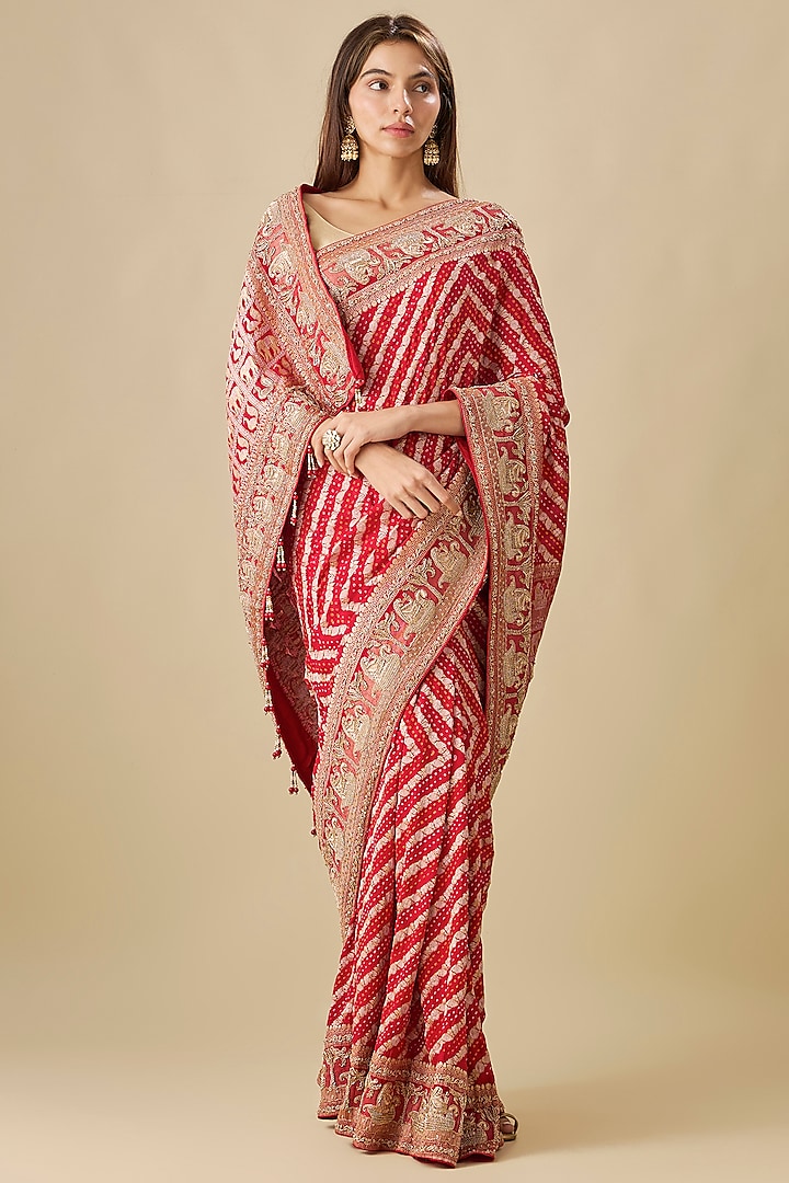Maroon Georgette Zardosi Work Bandhej Reception Saree Set by TATWAMM Couture at Pernia's Pop Up Shop
