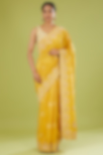 Mustard Banarasi Zardosi Embroidered Wedding Saree by TATWAMM Couture at Pernia's Pop Up Shop