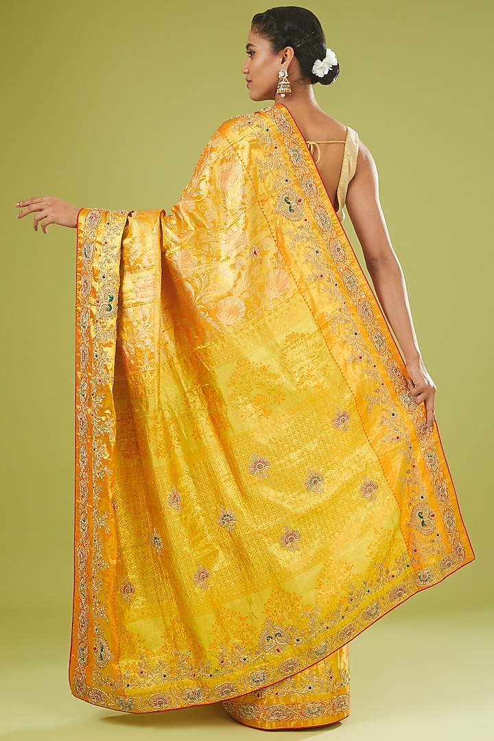 Yellow Tissue Zardosi Embroidered Wedding Saree by TATWAMM By Abhishek & Vinita at Pernia's Pop Up Shop