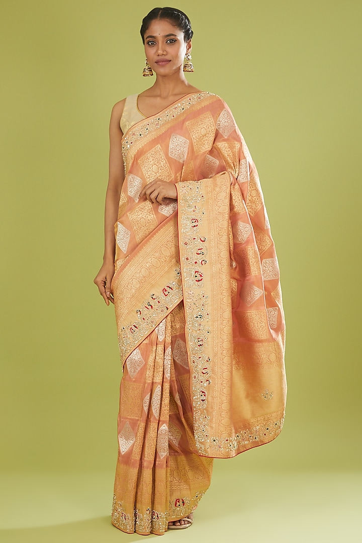 Peach Banarasi Zardosi Embroidered Saree by TATWAMM Couture