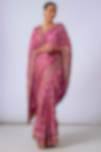 Pink Gaji Gharchola Zardosi Hand Work & Bandhani Printed Saree Set by TATWAMM Couture at Pernia's Pop Up Shop