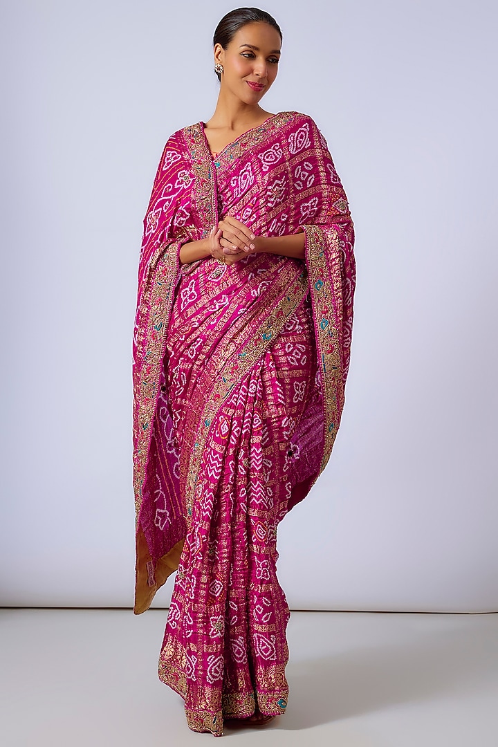 Pink Gaji Gharchola Zardosi Hand Work & Bandhani Printed Saree Set by TATWAMM Couture at Pernia's Pop Up Shop