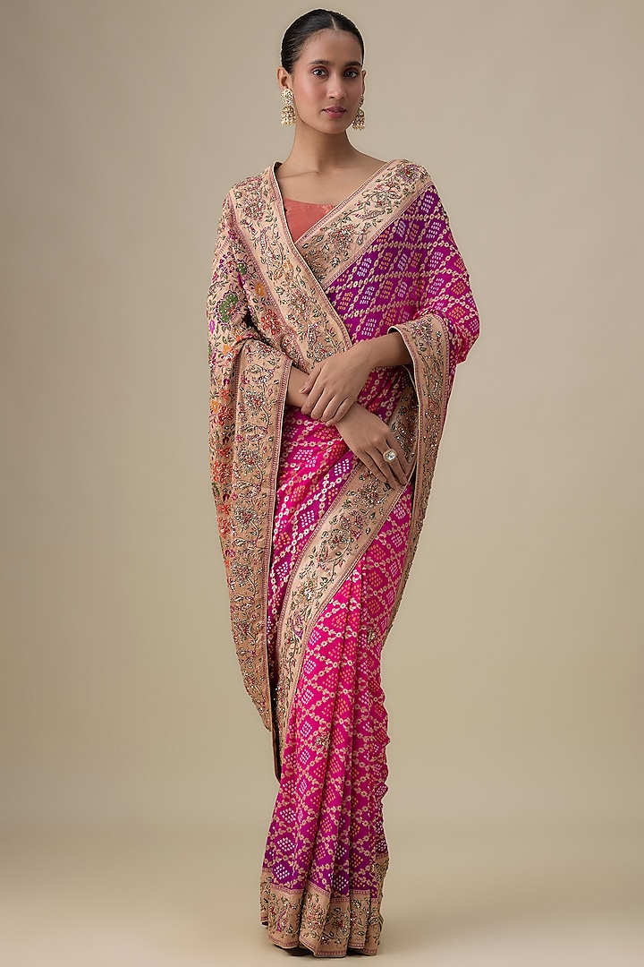 Pink Bandhani Zardosi Work Wedding Saree by TATWAMM Couture at Pernia's Pop Up Shop