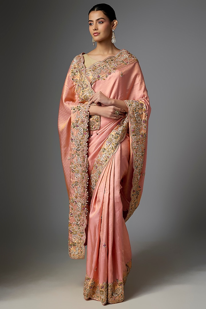 Peach Kanjivaram Reception Saree Set by TATWAMM By Abhishek & Vinita at Pernia's Pop Up Shop